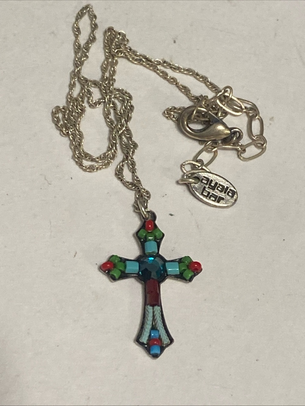 Vintage ornate, silver-tone Ayala Bar multicolor cross pendant necklace